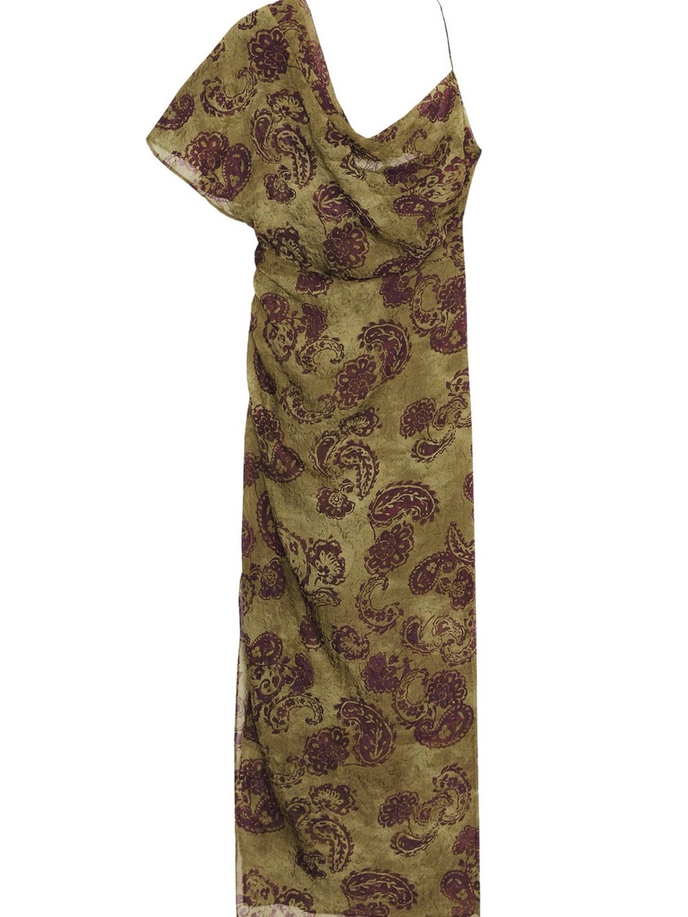 Zara One-Shoulder Olive and Burgundy Paisley Midi Dress